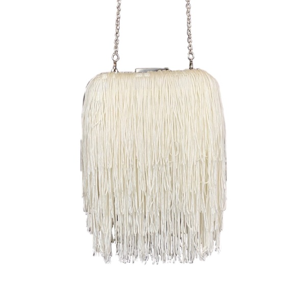 INC Colie Evening Formal Prom Party Cream Fringe Clutch Crossbody Bag Women's - Picture 8 of 10